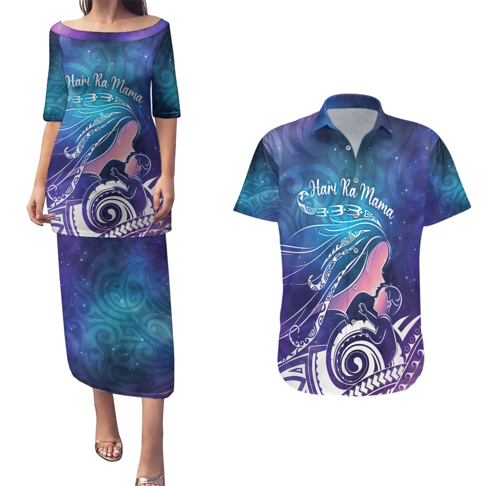 New Zealand Mother's Day Couples Matching Puletasi and Hawaiian Shirt Maori Hari Ra Mama