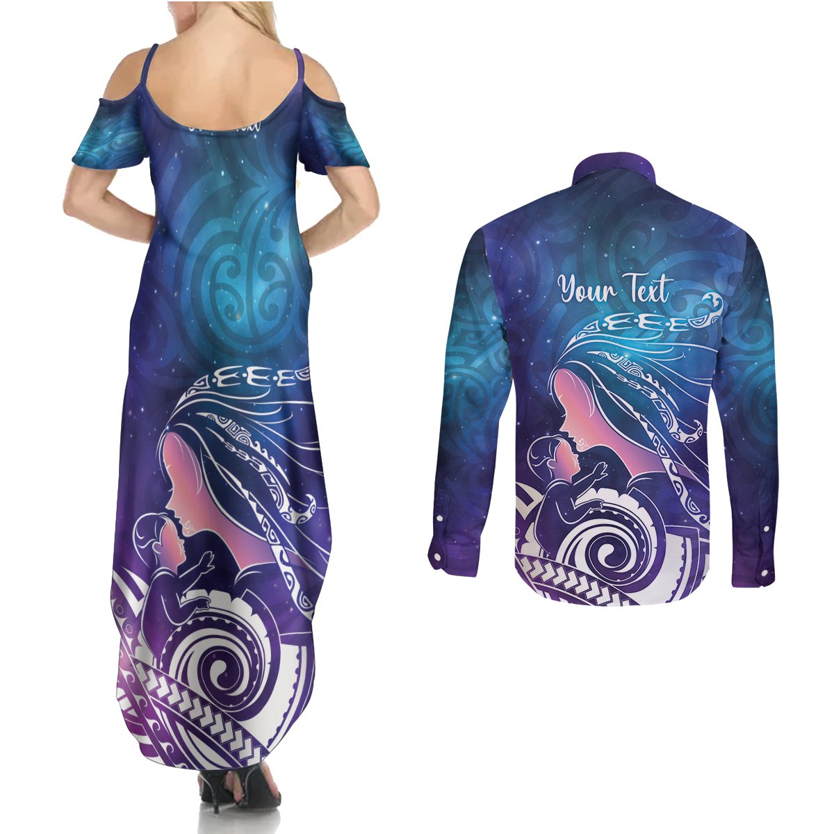 New Zealand Mother's Day Couples Matching Summer Maxi Dress and Long Sleeve Button Shirt Maori Hari Ra Mama