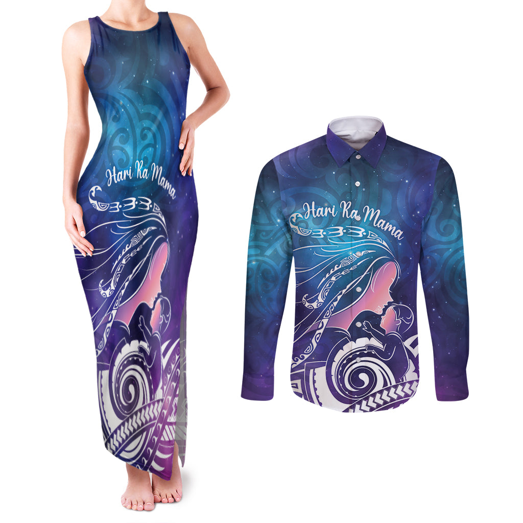 New Zealand Mother's Day Couples Matching Tank Maxi Dress and Long Sleeve Button Shirt Maori Hari Ra Mama