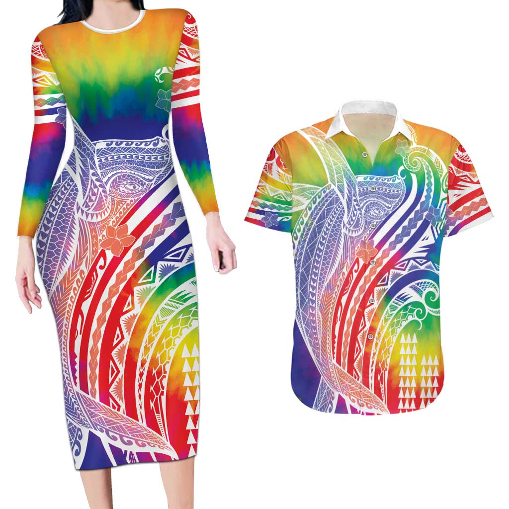 Aloha Pride Rainbow Tie Dye Couples Matching Long Sleeve Bodycon Dress and Hawaiian Shirt Humpback Whale - Love is Love