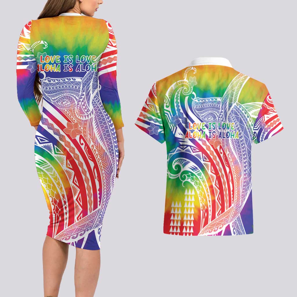 Aloha Pride Rainbow Tie Dye Couples Matching Long Sleeve Bodycon Dress and Hawaiian Shirt Humpback Whale - Love is Love