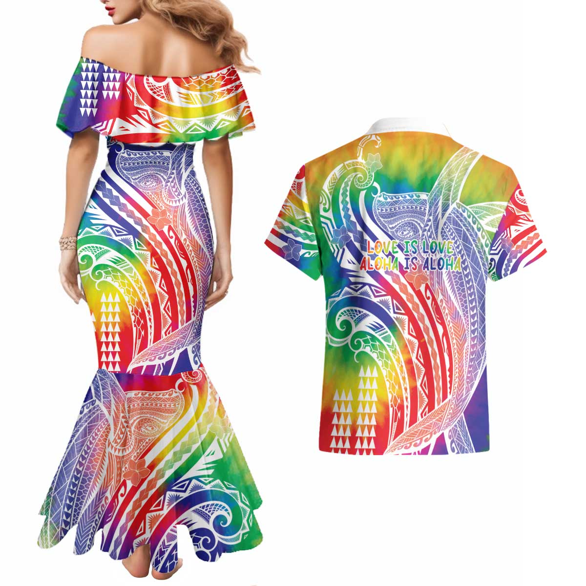 Aloha Pride Rainbow Tie Dye Couples Matching Mermaid Dress and Hawaiian Shirt Humpback Whale - Love is Love LT7 - Polynesian Pride