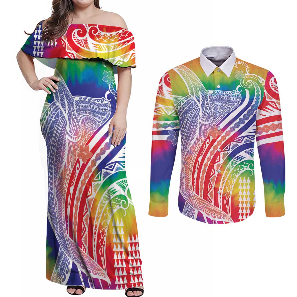 Aloha Pride Rainbow Tie Dye Couples Matching Off Shoulder Maxi Dress and Long Sleeve Button Shirt Humpback Whale - Love is Love