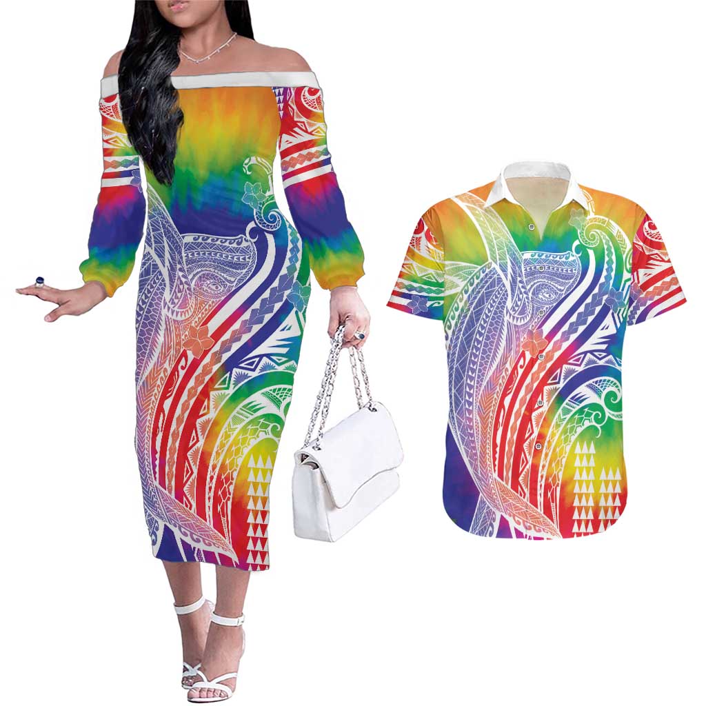Aloha Pride Rainbow Tie Dye Couples Matching Off The Shoulder Long Sleeve Dress and Hawaiian Shirt Humpback Whale - Love is Love