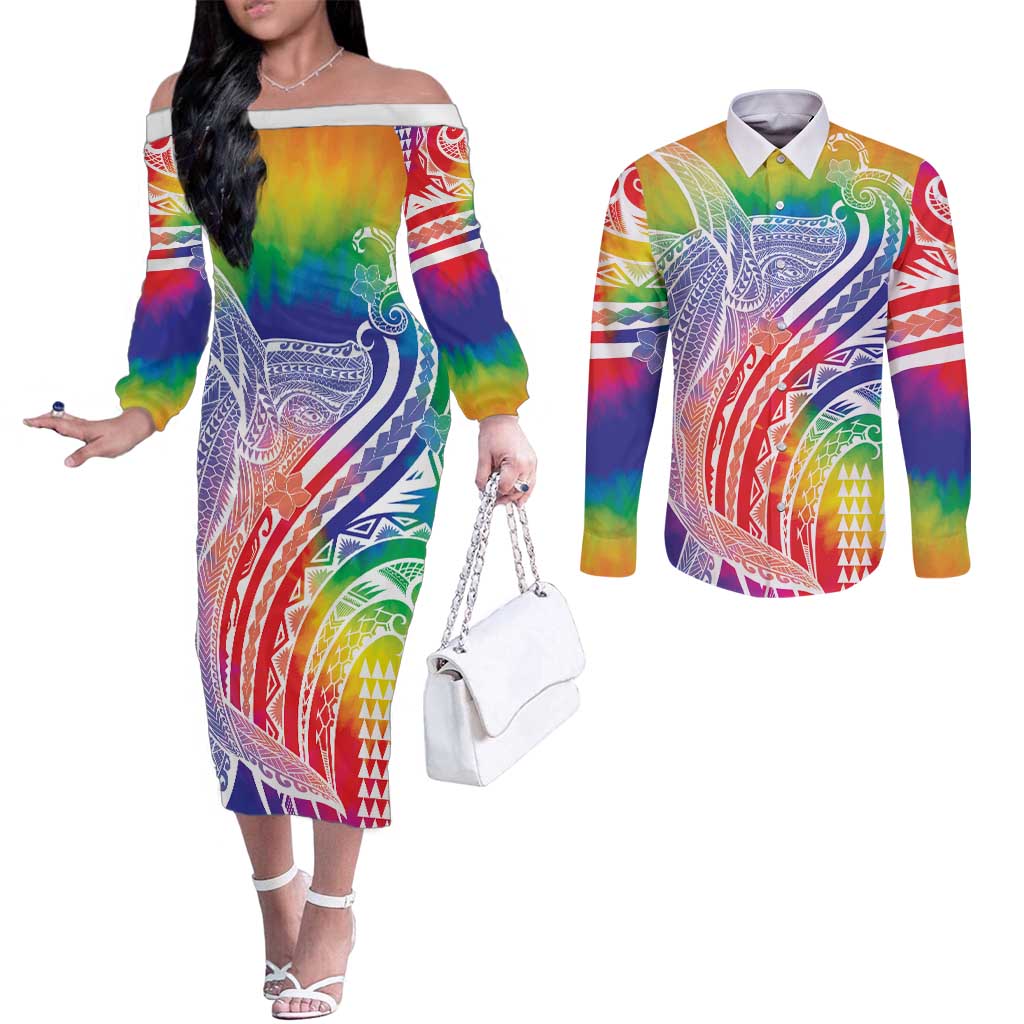 Aloha Pride Rainbow Tie Dye Couples Matching Off The Shoulder Long Sleeve Dress and Long Sleeve Button Shirt Humpback Whale - Love is Love