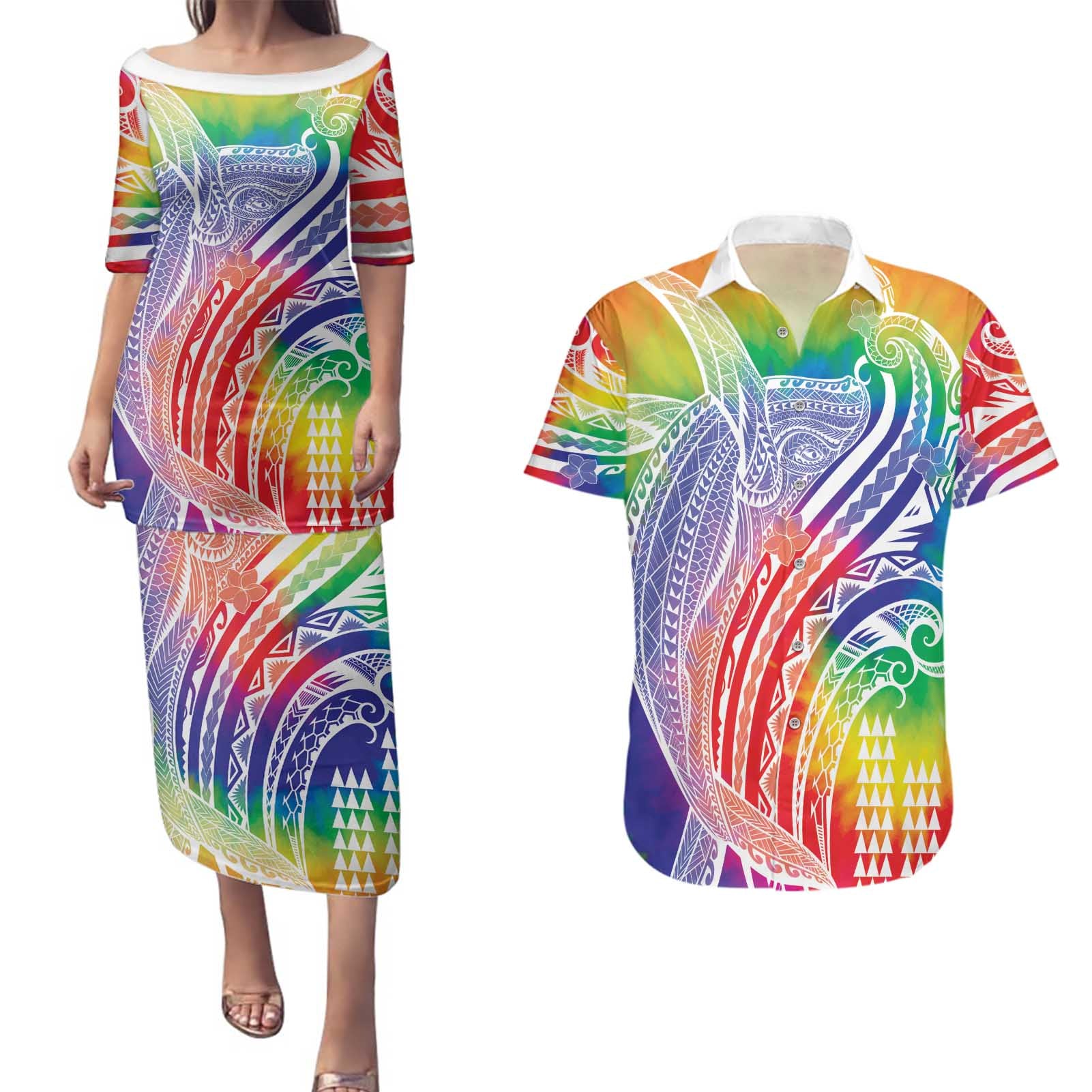 Aloha Pride Rainbow Tie Dye Couples Matching Puletasi and Hawaiian Shirt Humpback Whale - Love is Love