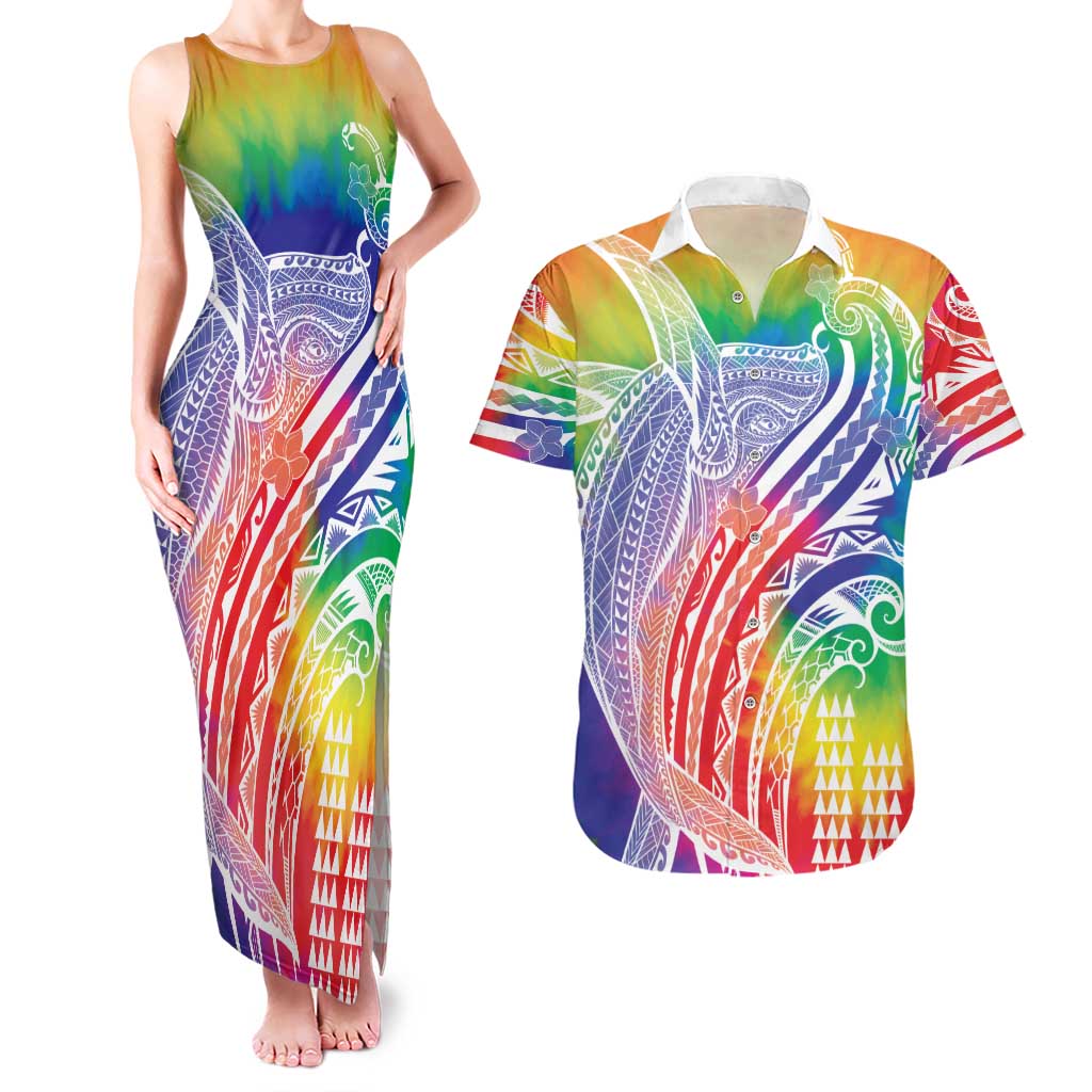 Aloha Pride Rainbow Tie Dye Couples Matching Tank Maxi Dress and Hawaiian Shirt Humpback Whale - Love is Love