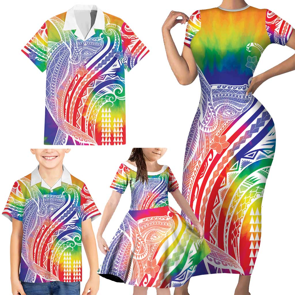 Aloha Pride Rainbow Tie Dye Family Matching Short Sleeve Bodycon Dress and Hawaiian Shirt Humpback Whale - Love is Love