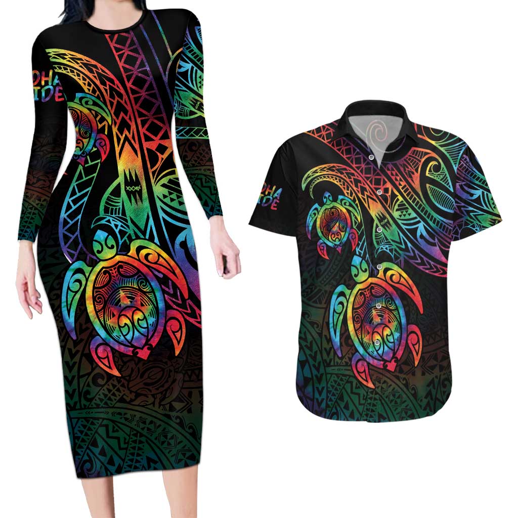 Hawaii Pride Couples Matching Long Sleeve Bodycon Dress and Hawaiian Shirt Rainbow Swirls