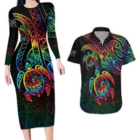 Hawaii Pride Couples Matching Long Sleeve Bodycon Dress and Hawaiian Shirt Rainbow Swirls