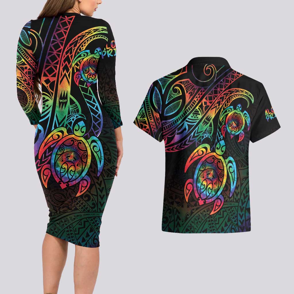 Hawaii Pride Couples Matching Long Sleeve Bodycon Dress and Hawaiian Shirt Rainbow Swirls