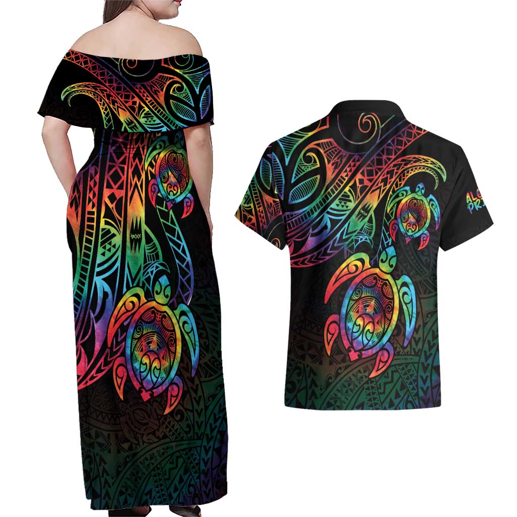 Hawaii Pride Couples Matching Off Shoulder Maxi Dress and Hawaiian Shirt Rainbow Swirls