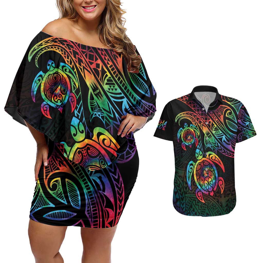 Hawaii Pride Couples Matching Off Shoulder Short Dress and Hawaiian Shirt Rainbow Swirls
