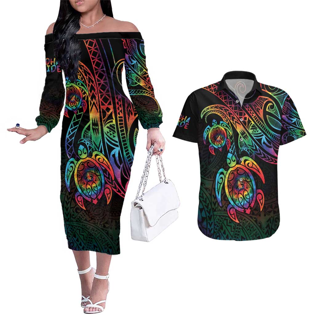 Hawaii Pride Couples Matching Off The Shoulder Long Sleeve Dress and Hawaiian Shirt Rainbow Swirls