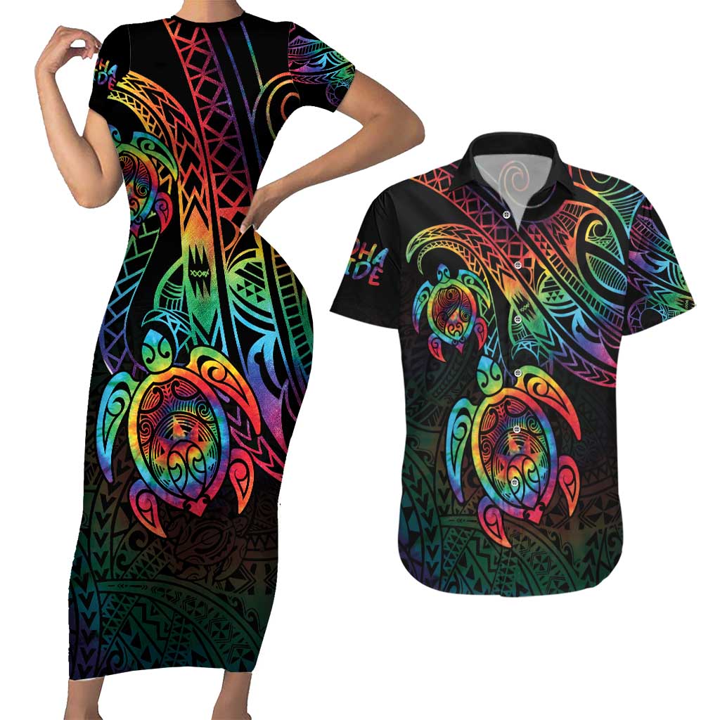 Hawaii Pride Couples Matching Short Sleeve Bodycon Dress and Hawaiian Shirt Rainbow Swirls