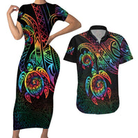 Hawaii Pride Couples Matching Short Sleeve Bodycon Dress and Hawaiian Shirt Rainbow Swirls