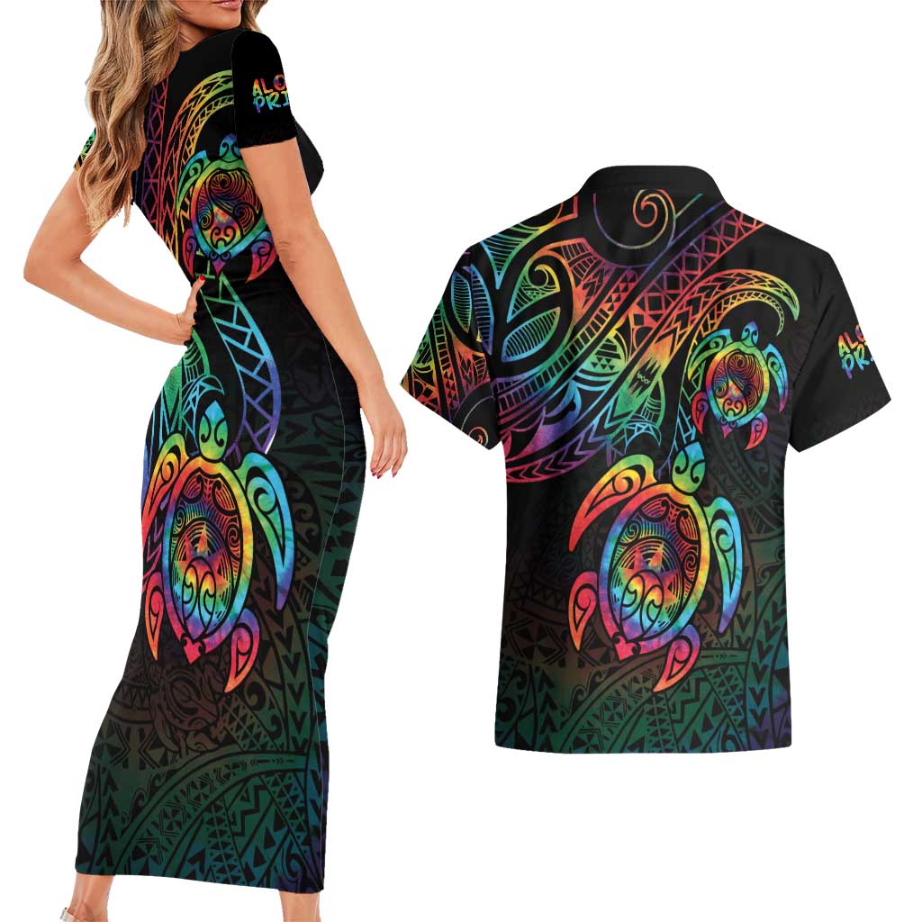 Hawaii Pride Couples Matching Short Sleeve Bodycon Dress and Hawaiian Shirt Rainbow Swirls