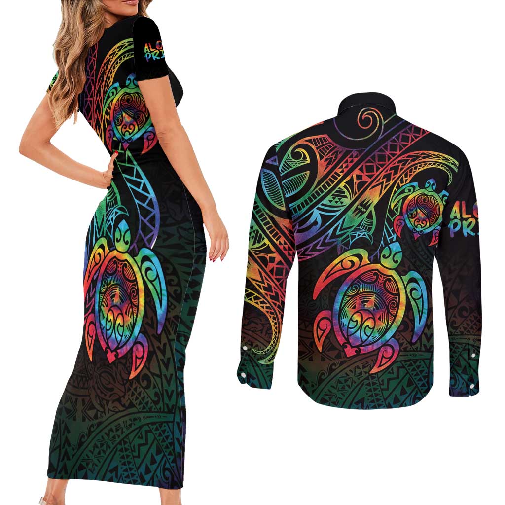 Hawaii Pride Couples Matching Short Sleeve Bodycon Dress and Long Sleeve Button Shirt Rainbow Swirls LT7 - Polynesian Pride