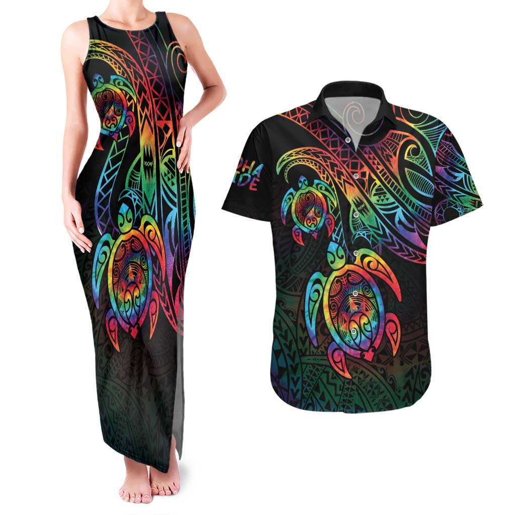 Hawaii Pride Couples Matching Tank Maxi Dress and Hawaiian Shirt Rainbow Swirls