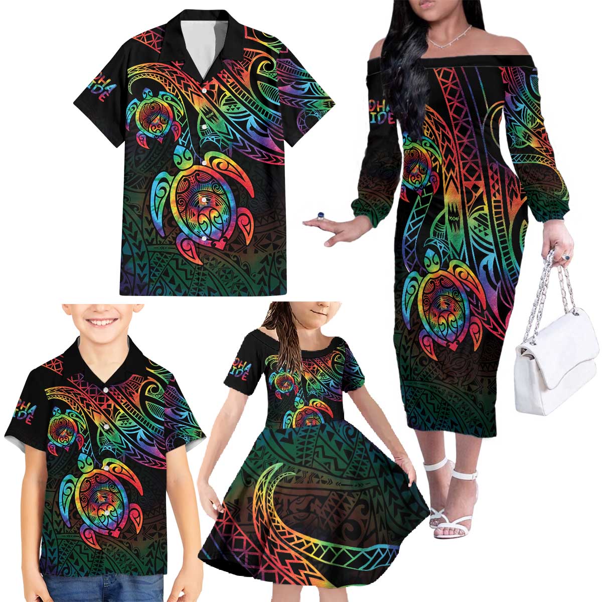 Hawaii Pride Family Matching Off The Shoulder Long Sleeve Dress and Hawaiian Shirt Rainbow Swirls