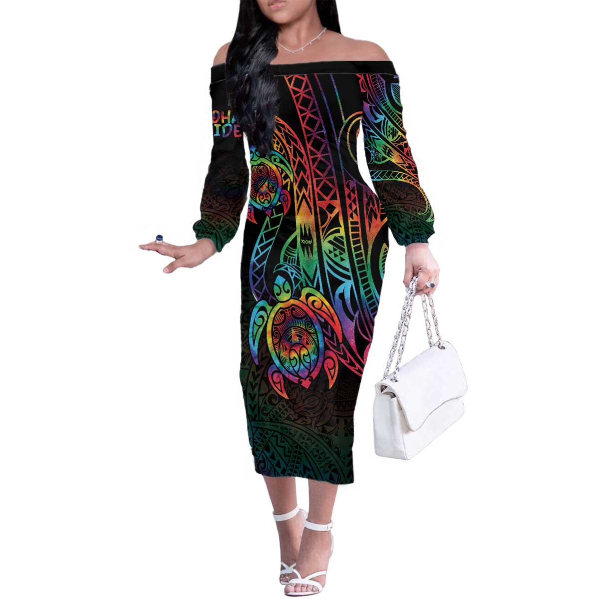 Hawaii Pride Family Matching Off The Shoulder Long Sleeve Dress and Hawaiian Shirt Rainbow Swirls