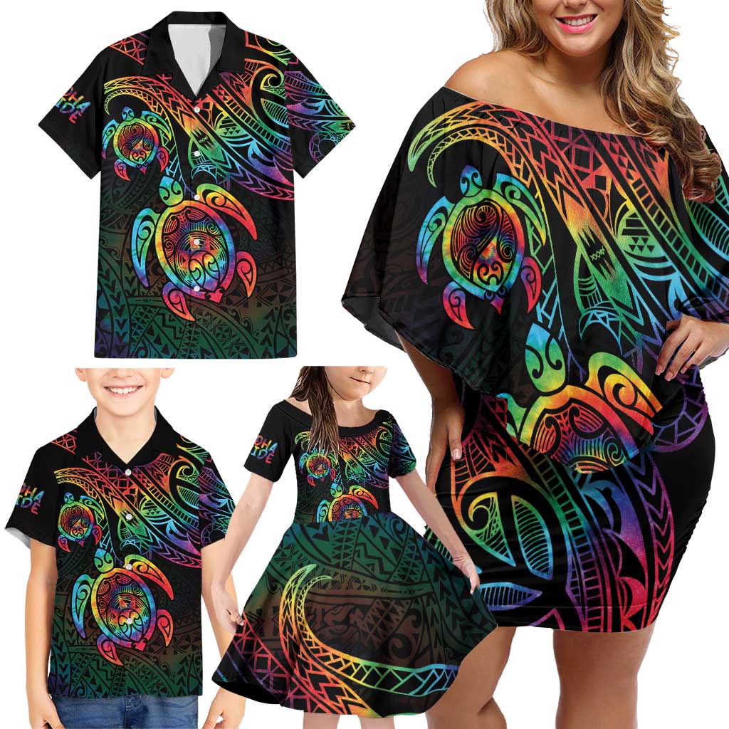 Hawaii Pride Family Matching Off Shoulder Short Dress and Hawaiian Shirt Rainbow Swirls
