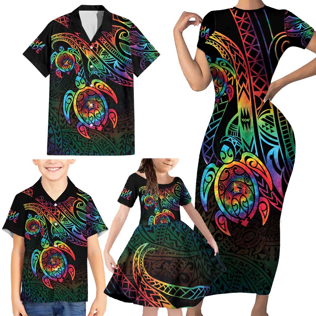 Hawaii Pride Family Matching Short Sleeve Bodycon Dress and Hawaiian Shirt Rainbow Swirls