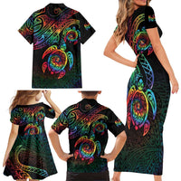 Hawaii Pride Family Matching Short Sleeve Bodycon Dress and Hawaiian Shirt Rainbow Swirls