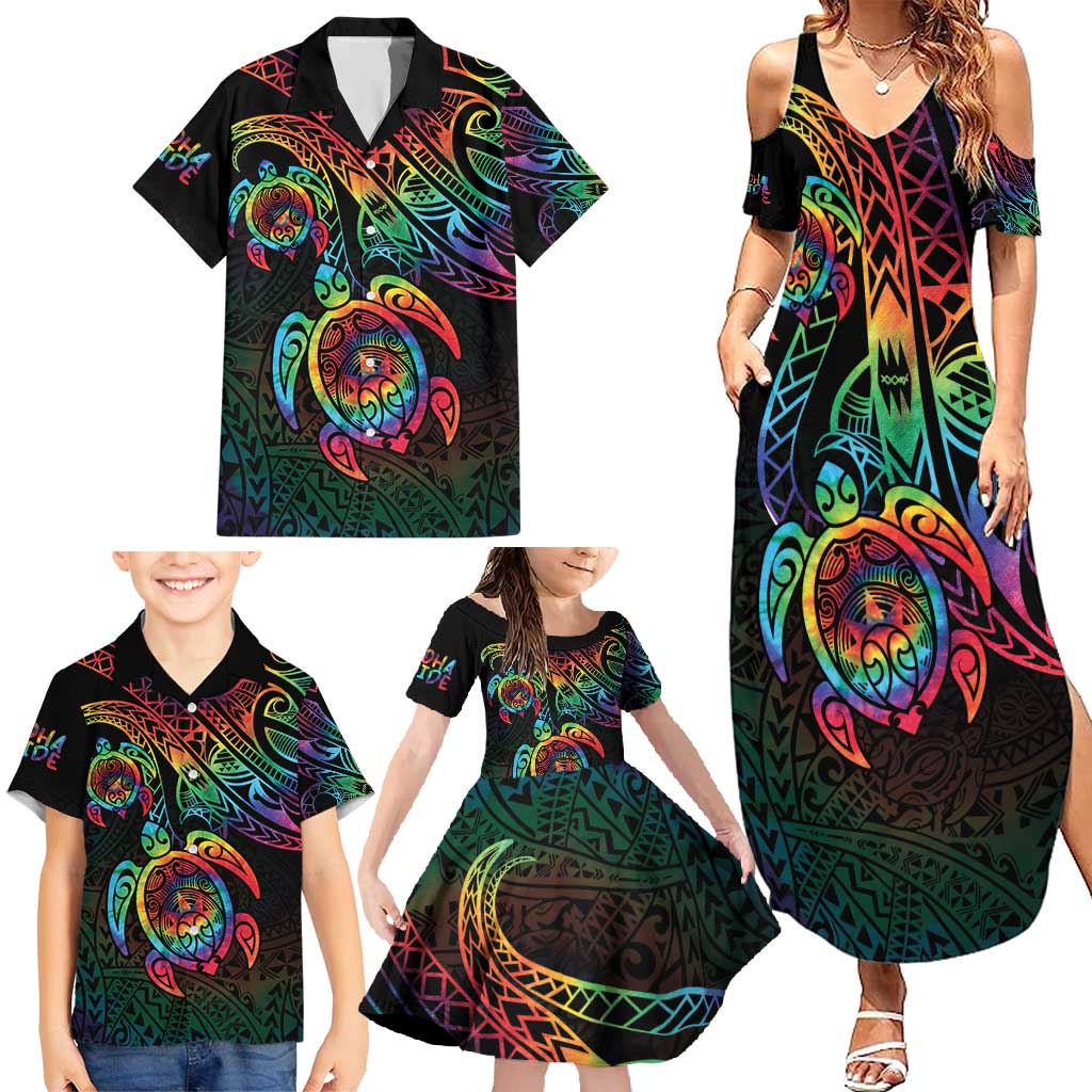 Hawaii Pride Family Matching Summer Maxi Dress and Hawaiian Shirt Rainbow Swirls
