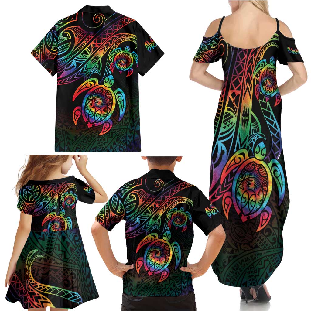 Hawaii Pride Family Matching Summer Maxi Dress and Hawaiian Shirt Rainbow Swirls