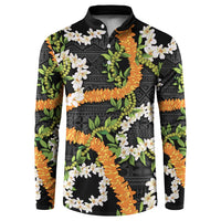 Aloha Festive Hawaii Button Sweatshirt Mokihana - Maile and Ilima on Black LT7 Black - Polynesian Pride