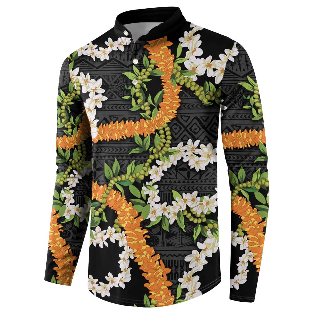 Aloha Festive Hawaii Button Sweatshirt Mokihana - Maile and Ilima on Black LT7 - Polynesian Pride