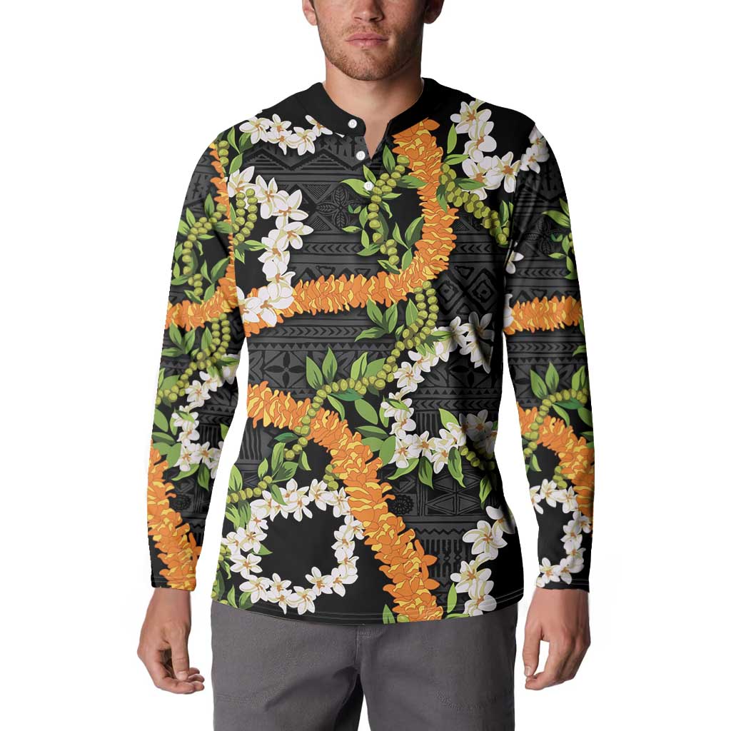Aloha Festive Hawaii Button Sweatshirt Mokihana - Maile and Ilima on Black LT7 - Polynesian Pride