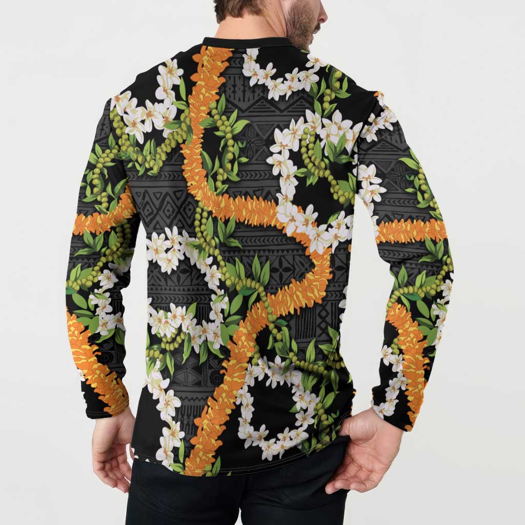 Aloha Festive Hawaii Button Sweatshirt Mokihana - Maile and Ilima on Black LT7 - Polynesian Pride