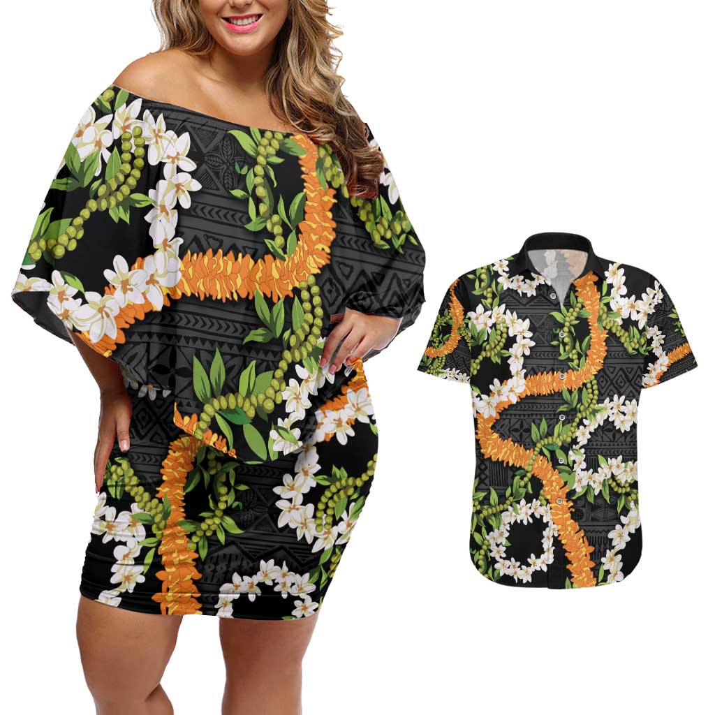 Aloha Festive Hawaii Couples Matching Off Shoulder Short Dress and Hawaiian Shirt Mokihana - Maile and Ilima on Black - Polynesian Pride