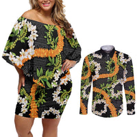 Aloha Festive Hawaii Couples Matching Off Shoulder Short Dress and Long Sleeve Button Shirt Mokihana - Maile and Ilima on Black LT7 Black - Polynesian Pride