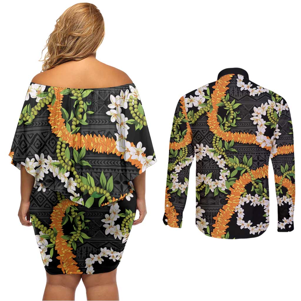 Aloha Festive Hawaii Couples Matching Off Shoulder Short Dress and Long Sleeve Button Shirt Mokihana - Maile and Ilima on Black LT7 - Polynesian Pride