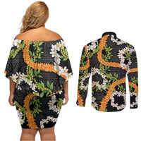 Aloha Festive Hawaii Couples Matching Off Shoulder Short Dress and Long Sleeve Button Shirt Mokihana - Maile and Ilima on Black LT7 - Polynesian Pride