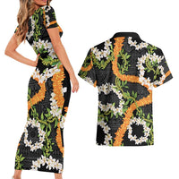 Aloha Festive Hawaii Couples Matching Short Sleeve Bodycon Dress and Hawaiian Shirt Mokihana - Maile and Ilima on Black - Polynesian Pride