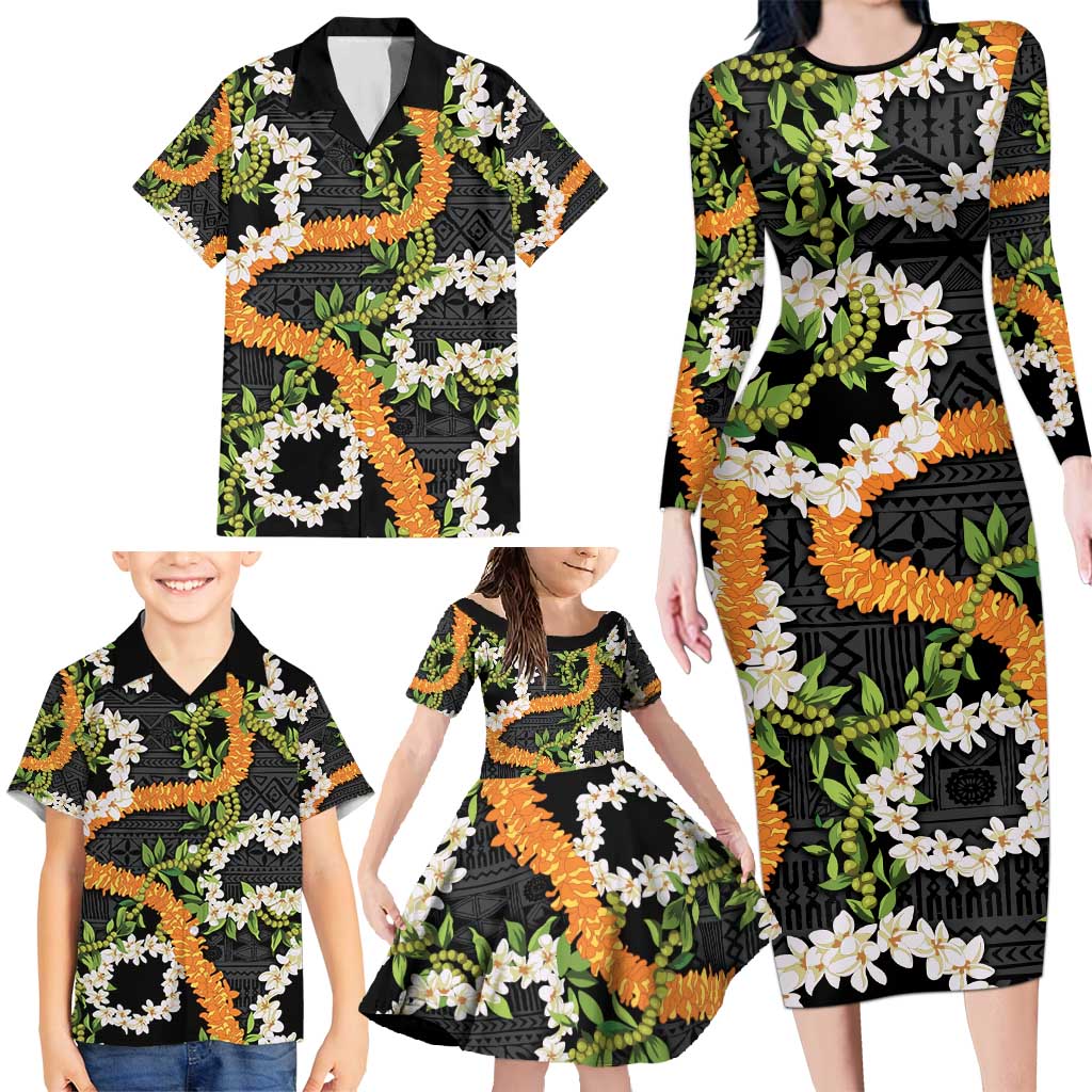 Aloha Festive Hawaii Family Matching Long Sleeve Bodycon Dress and Hawaiian Shirt Mokihana - Maile and Ilima on Black - Polynesian Pride