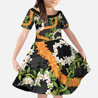 Aloha Festive Hawaii Family Matching Off The Shoulder Long Sleeve Dress and Hawaiian Shirt Mokihana - Maile and Ilima on Black - Polynesian Pride