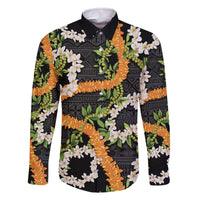 Aloha Festive Hawaii Family Matching Off The Shoulder Long Sleeve Dress and Hawaiian Shirt Mokihana - Maile and Ilima on Black - Polynesian Pride