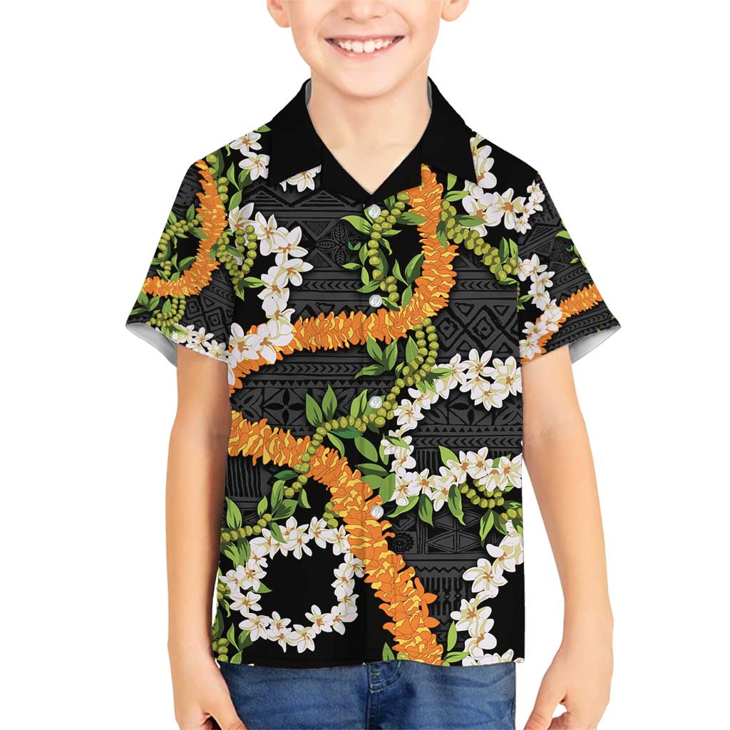 Aloha Festive Hawaii Family Matching Off Shoulder Short Dress and Hawaiian Shirt Mokihana - Maile and Ilima on Black - Polynesian Pride