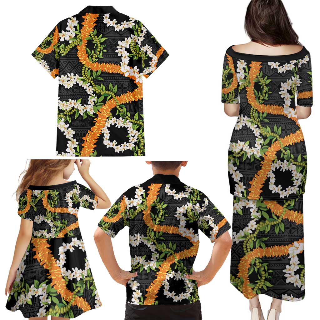 Aloha Festive Hawaii Family Matching Puletasi and Hawaiian Shirt Mokihana - Maile and Ilima on Black - Polynesian Pride