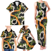 Aloha Festive Hawaii Family Matching Tank Maxi Dress and Hawaiian Shirt Mokihana - Maile and Ilima on Black - Polynesian Pride