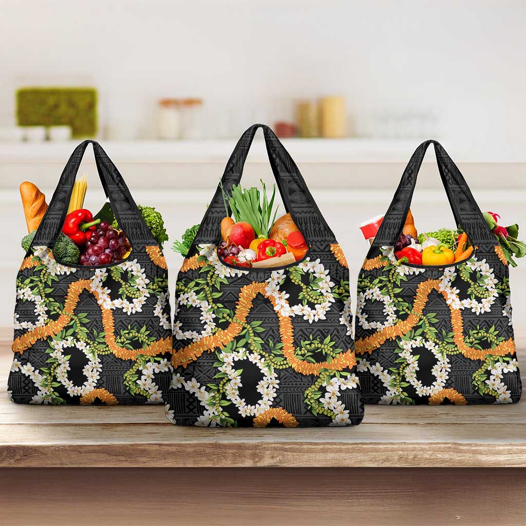 Aloha Festive Hawaii Grocery Bag Mokihana - Maile and Ilima on Black LT7 3-pack One Size Black - Polynesian Pride