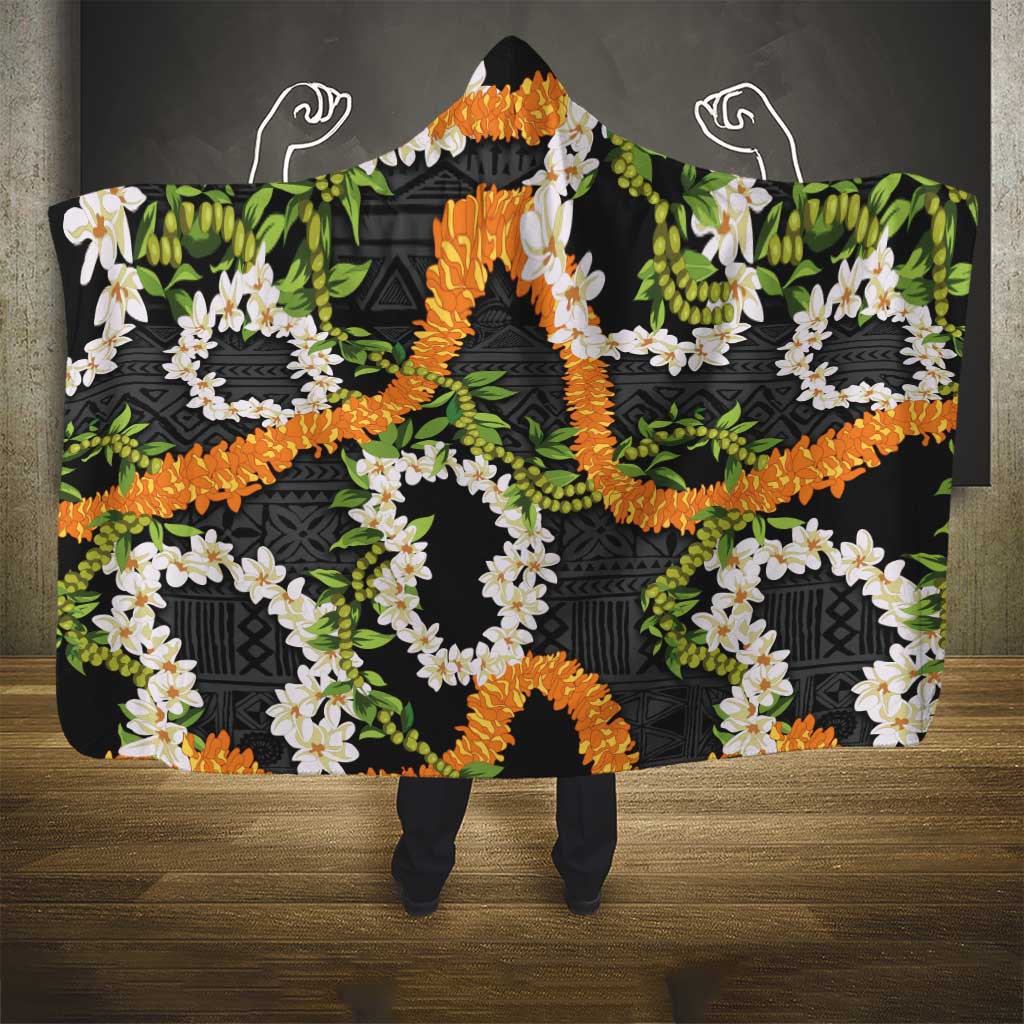 Aloha Festive Hawaii Hooded Blanket Mokihana - Maile and Ilima on Black LT7 - Polynesian Pride