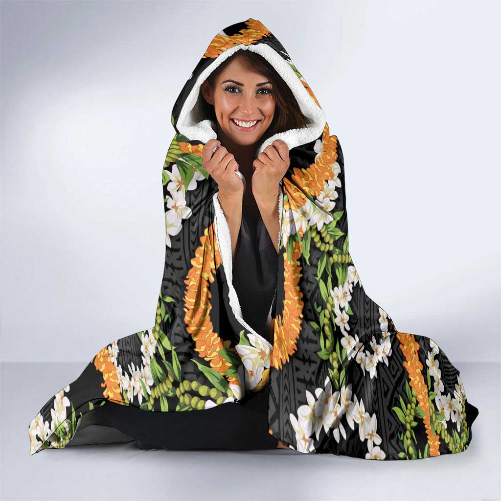 Aloha Festive Hawaii Hooded Blanket Mokihana - Maile and Ilima on Black LT7 - Polynesian Pride