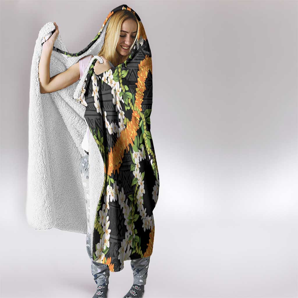 Aloha Festive Hawaii Hooded Blanket Mokihana - Maile and Ilima on Black LT7 - Polynesian Pride