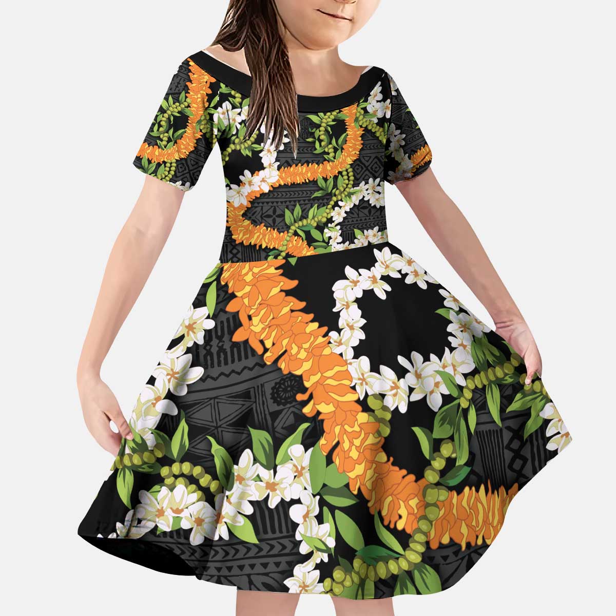 Aloha Festive Hawaii Kid Short Sleeve Dress Mokihana - Maile and Ilima on Black LT7 KID Black - Polynesian Pride